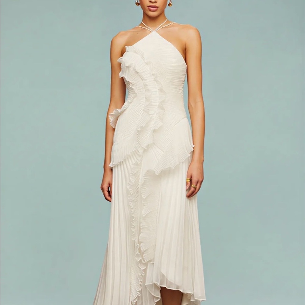 Ivory Ruffle Pleated Midi Dress